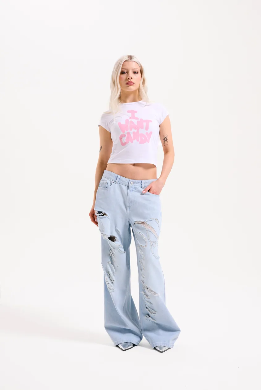 BLEACHED DENIM DISTRESSED WIDE LEG JEANS - W29 / Blue: the shop's own photo
