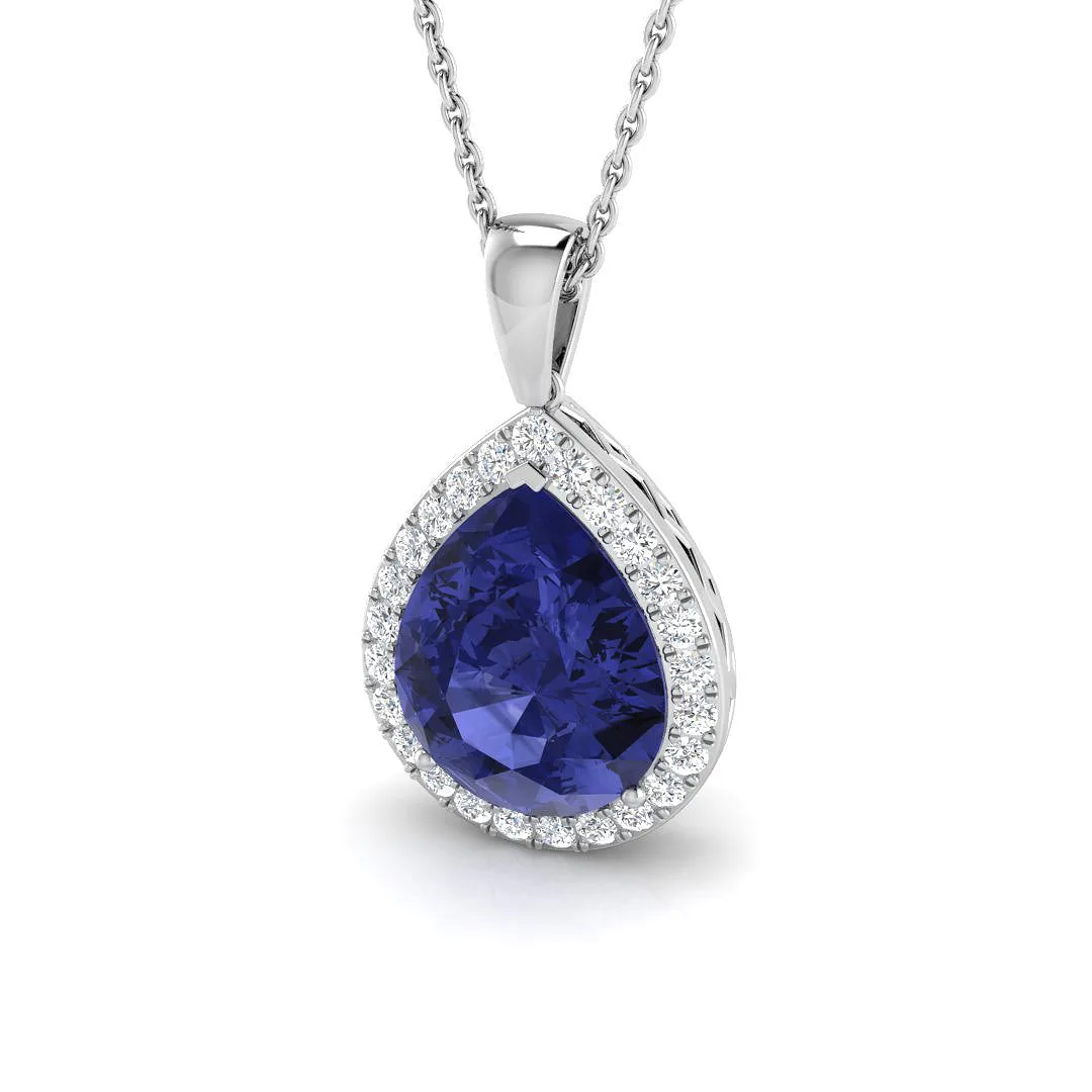 Pear Cut Tanzanite Halo Pendant | Diamond Pave Setting | UK Made - 18k White Gold / Natural Diamond(F/SI) / 4.00 Carat: the shop's own photo