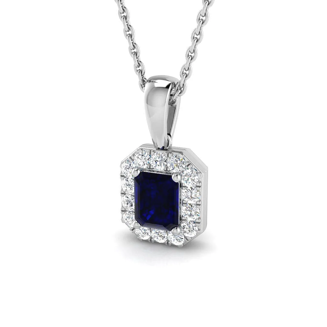 Emerald Blue Sapphire Pendant Necklace with Diamond Halo - Prong Pave Set - 18k White Gold / 0.33 Carat / Natural Diamond(F/SI): the shop's own photo