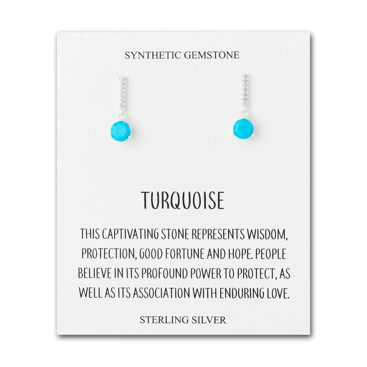 Sterling Silver Synthetic Turquoise Gemstone Drop Earrings with Quote Card: the shop's own photo
