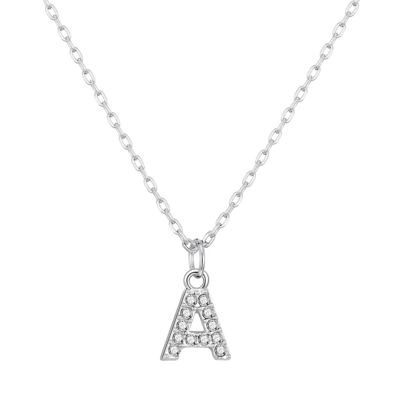 Customisable Silver Plated Pave Initial Necklace (A-Z) with Option of Birthstone Charm - A: the shop's own photo