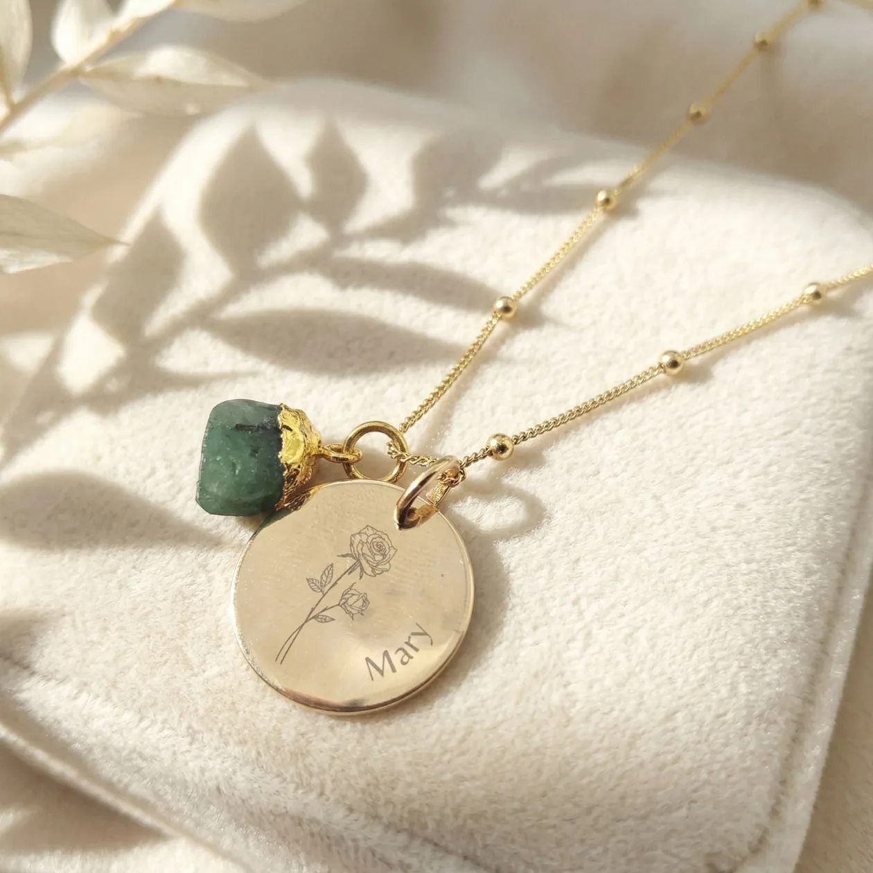 18ct Gold Plated Birth Flower, Birthstone And Name Necklace - November (Chrysanthemum/ Citrine) / Fine beaded chain: the shop's own photo