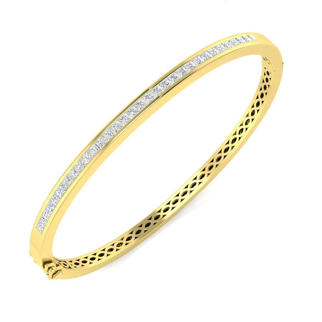 18K White Gold Natural Princess Cut Half Eternity Channel Set Hinged Diamond Bangle with Box Clasp - 9k Yellow Gold / 1.05 Carat / Natural Diamond: the shop's own photo