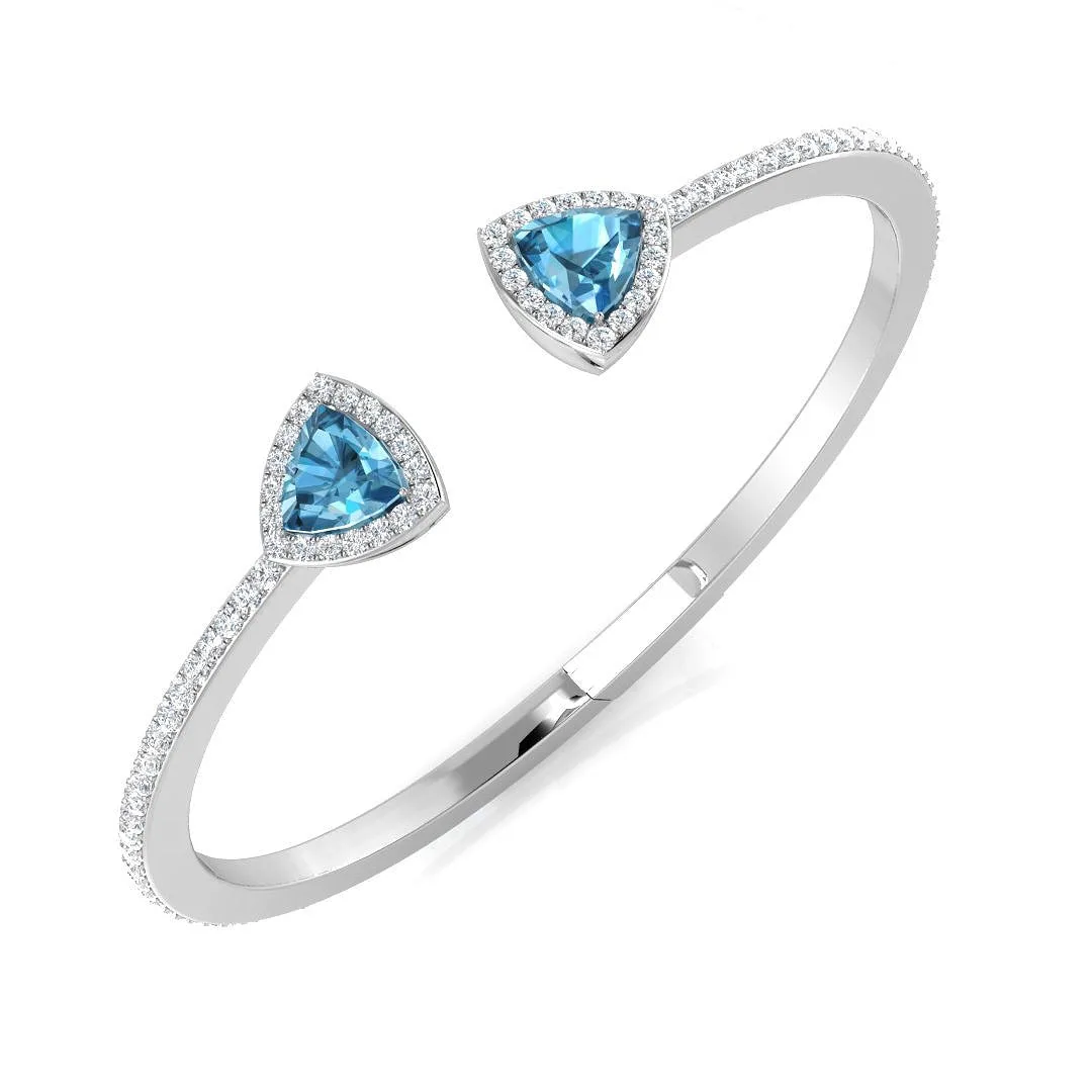 9K Yellow Gold Trillion Cut Blue Topaz Open Cuff Bangle with Natural Halo Diamond - 18k White Gold / 5.50 Carat / Natural Diamond: the shop's own photo