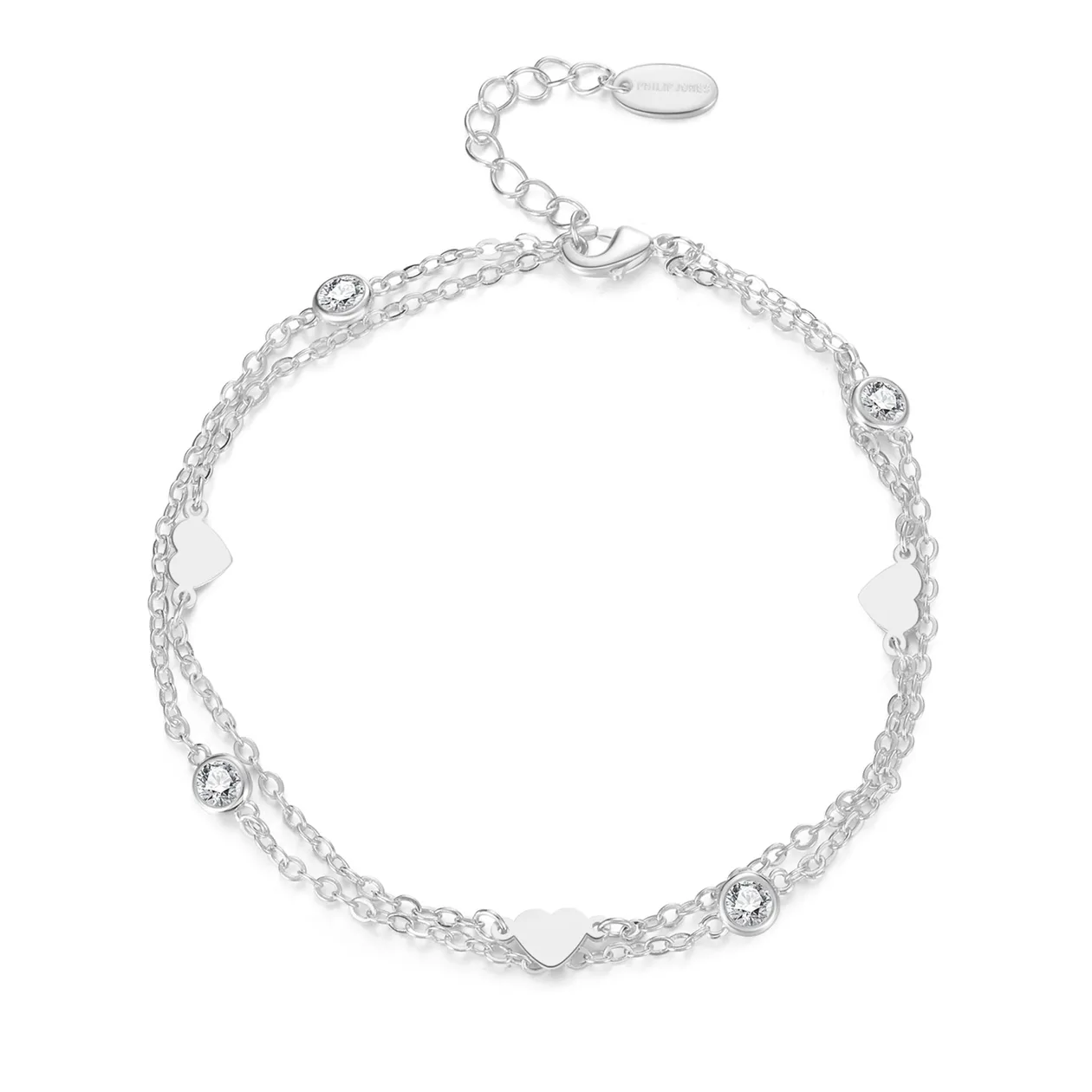 Silver Plated Layered Heart Anklet Created with Zircondia® Crystals: the shop's own photo