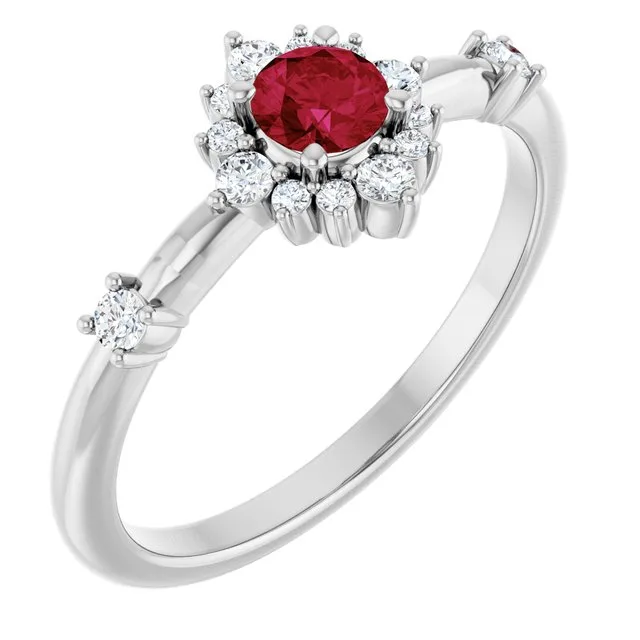 Round Ruby Halo Ring with Diamond Accents in White Gold - 18k Yellow Gold / 1.70 Carat / Lab-Grown-AAA: the shop's own photo