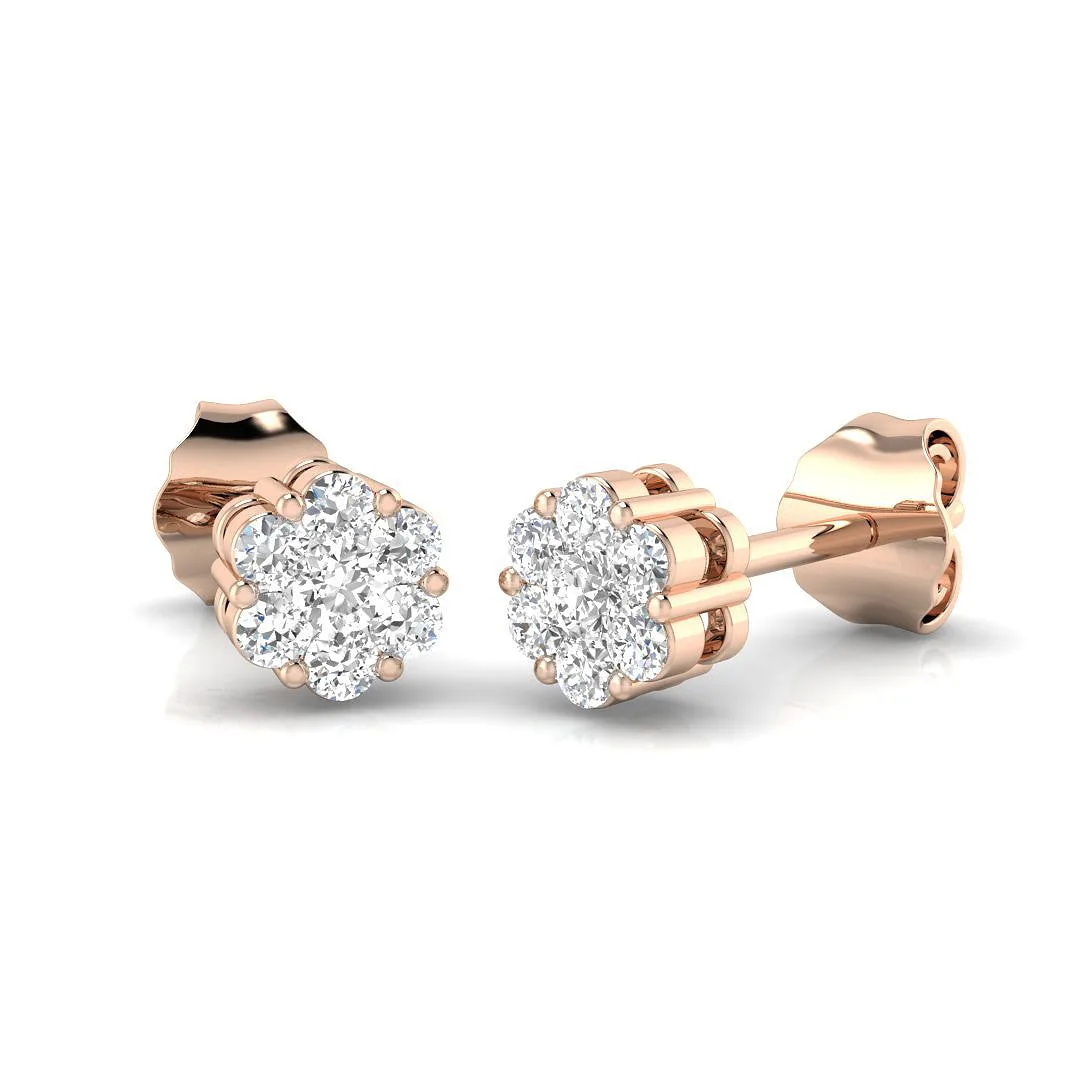 Flower Diamond Cluster Stud Earrings | Gold & Platinum | Round Brilliant Design - 9k Rose Gold / 0.20 Carat / Natural Diamond(F-VS): the shop's own photo