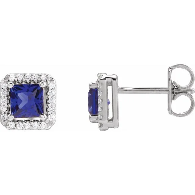 Blue Sapphire & Diamond Square Halo Stud Earrings | 9K White Gold - 9k White Gold / 1.40 Carat / Lab-Grown-AAA: the shop's own photo