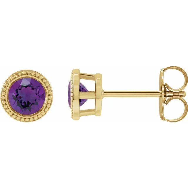 Amethyst Round Bezel-Set Stud Earrings | 6mm | 9K Yellow Gold - 9k Yellow Gold / 0.00 Carat / Lab-Grown-AAA: the shop's own photo