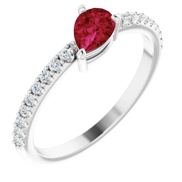 Pear Ruby Stackable Ring with Diamond Accents in Gold and Platinum - 18k Yellow Gold / 1.50 Carat / Lab-Grown-AAA: the shop's own photo