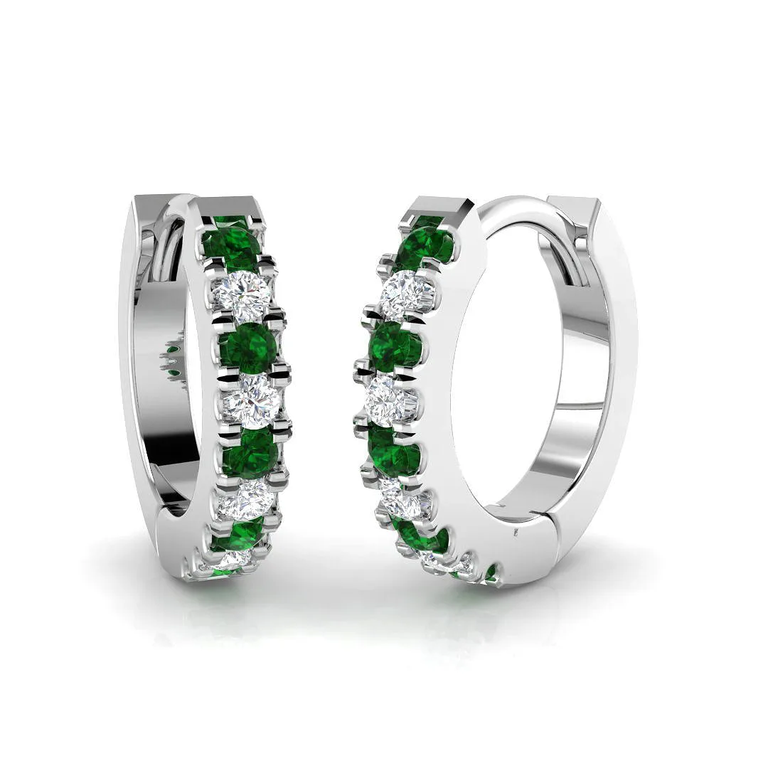 Emerald & Diamond Pavé Hoop Earrings | 0.25 Ct Lab-Grown & Natural | 9K White, Yellow & Rose Gold - 9k White Gold / 0.33 Carat / Natural Diamond(F-VS): the shop's own photo