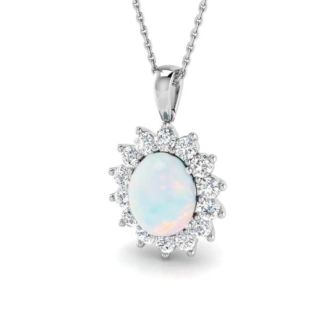 Opal and Diamond Halo Pendant | Elegant Opal Necklace - 950 Platinum / Natural Diamond(F/SI) / 2.50 Carat: the shop's own photo