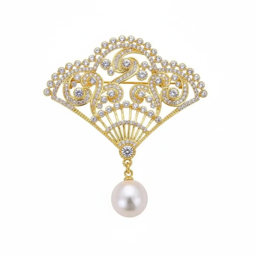 Natural Freshwater Pearl Fan Brooch with Zircon: the shop's own photo