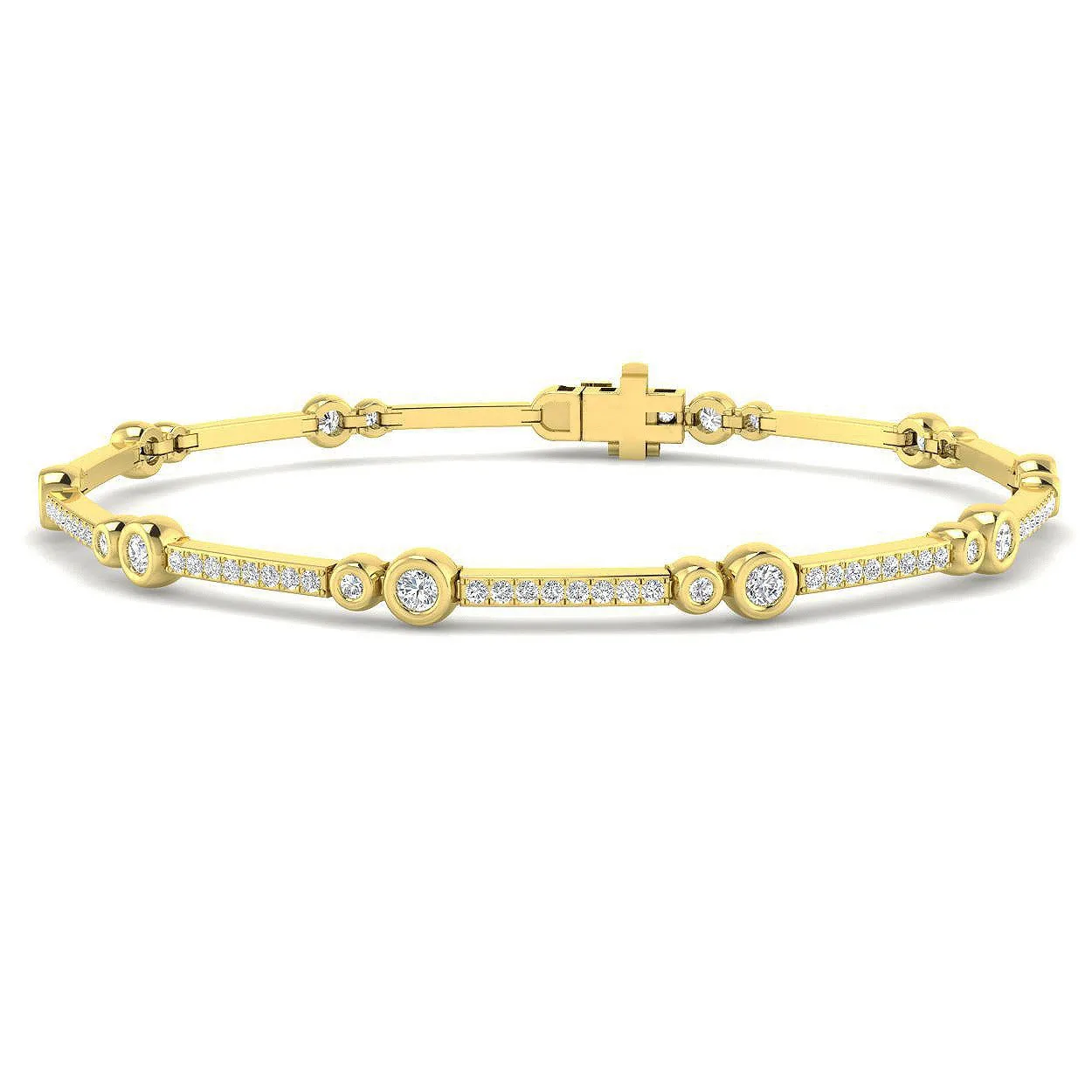 9K Yellow Gold Lab Grown Diamond Station Bracelet – Round Bezel & Pave Set Diamond Bar Bracelet with - 18k White Gold / 1.55 Carat / Natural Diamond: the shop's own photo