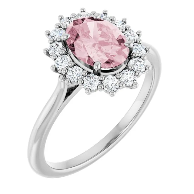 Oval Pink Mandganite Halo Ring with Diamond Accents in Platinum - 18k Yellow Gold / 3.00 Carat / Lab-Grown-AAA: the shop's own photo