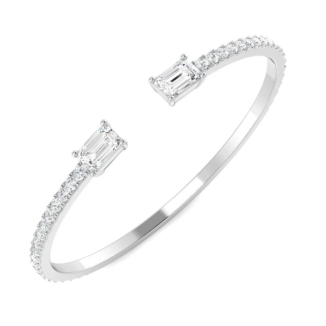18K Yellow Gold Natural Round Pave Open Cuff Diamond Bangle with Emerald Solitaire Ends - 9k White Gold / 3.80 Carat / Lab Grown Diamond: the shop's own photo