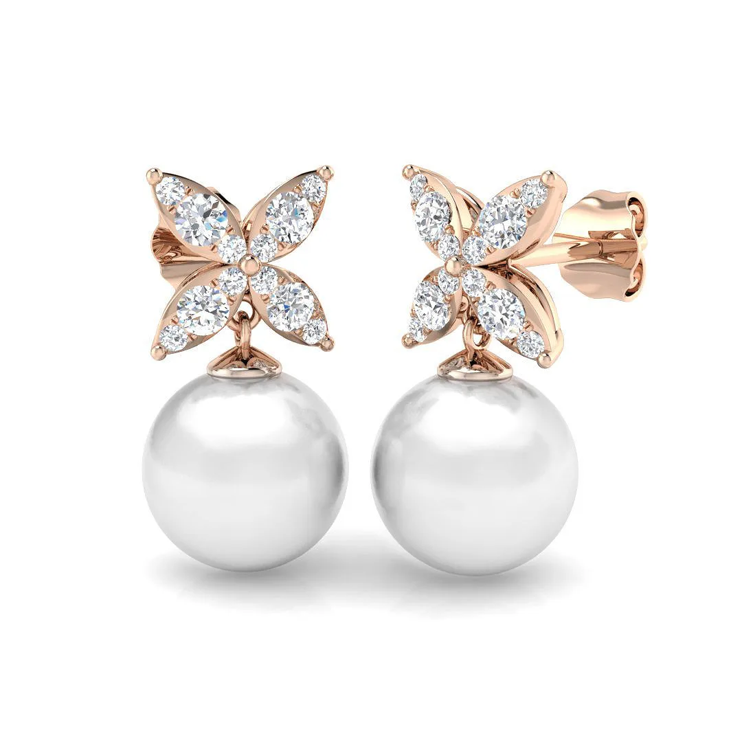Butterfly Pearl Drop Earrings with Push Back Clasp | Luxury Stud Earrings | 9K White, Yellow & - 9k Rose Gold / 10.50 Carat / Natural Diamond(F-VS): the shop's own photo