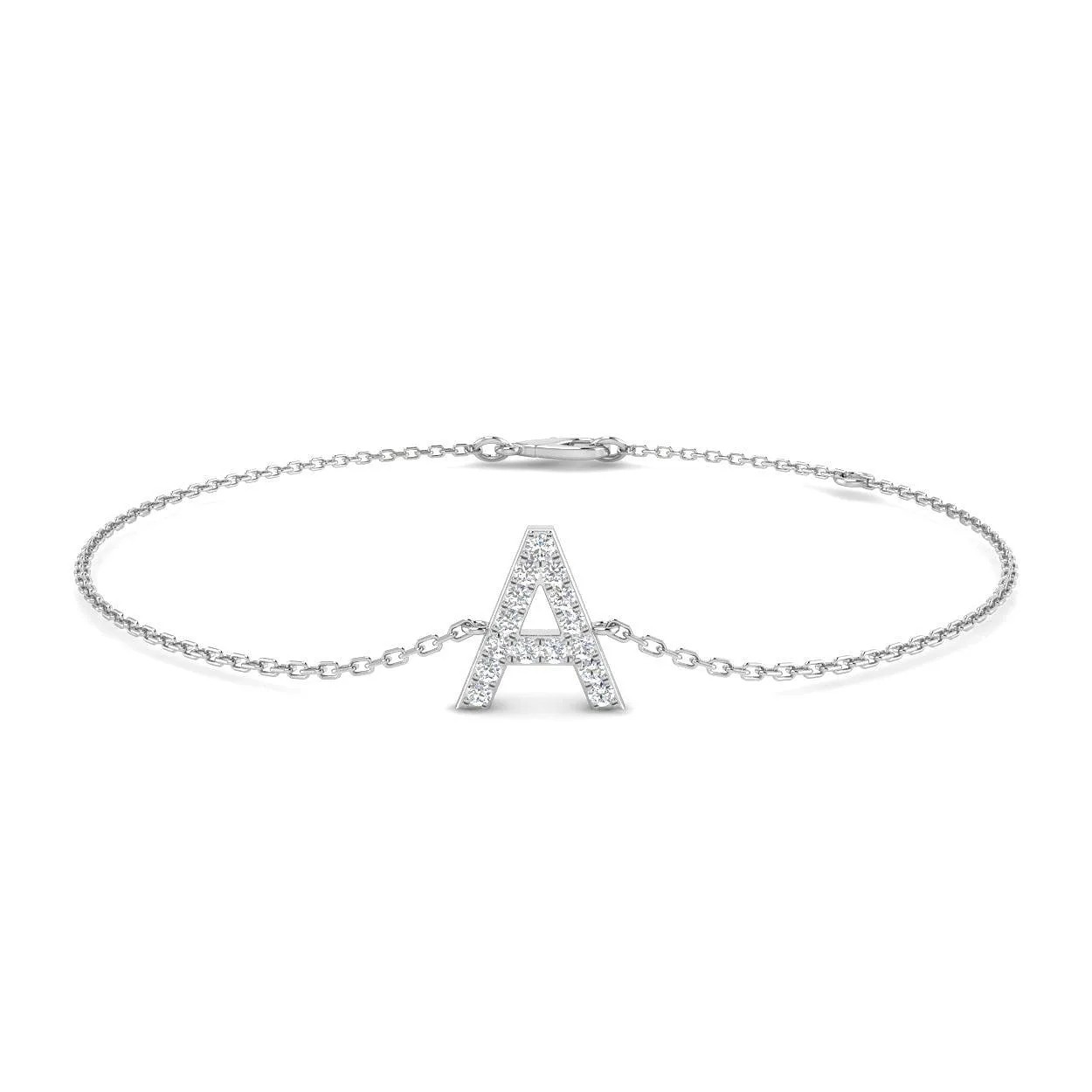18K White Gold Natural Round Cut Diamond Initial A Letter Chain Bracelet with Lobster Claw Clasp - 9k Yellow Gold / 0.15 Carat / Natural Diamond: the shop's own photo