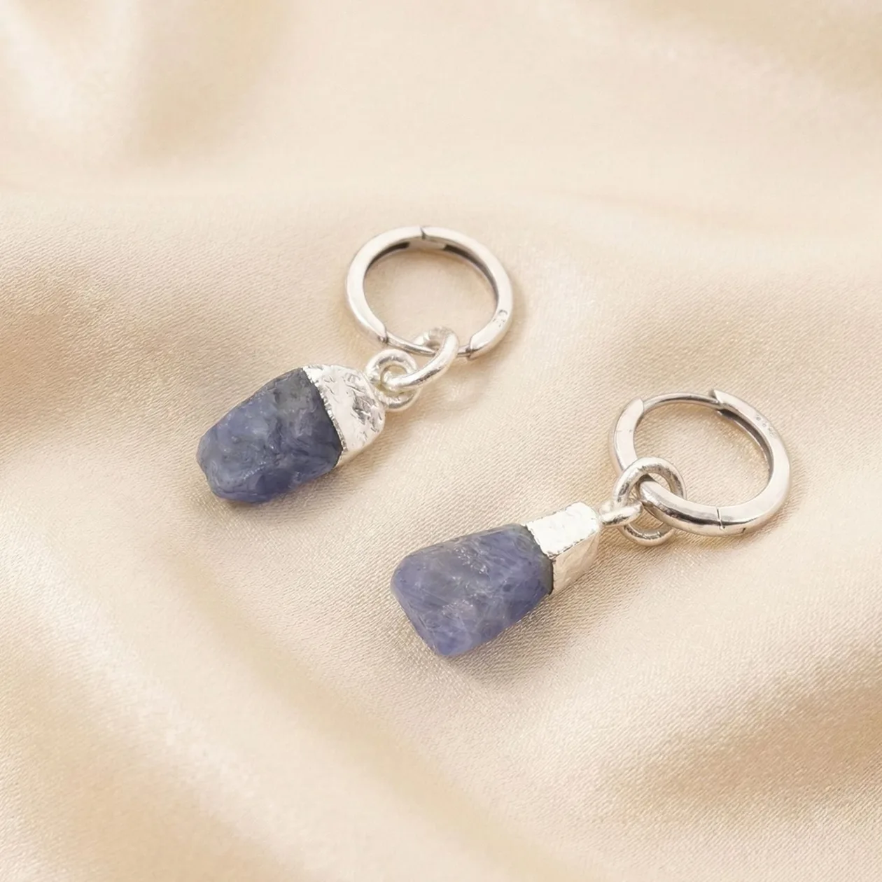Raw Sapphire Sterling Silver Round Huggies: the shop's own photo