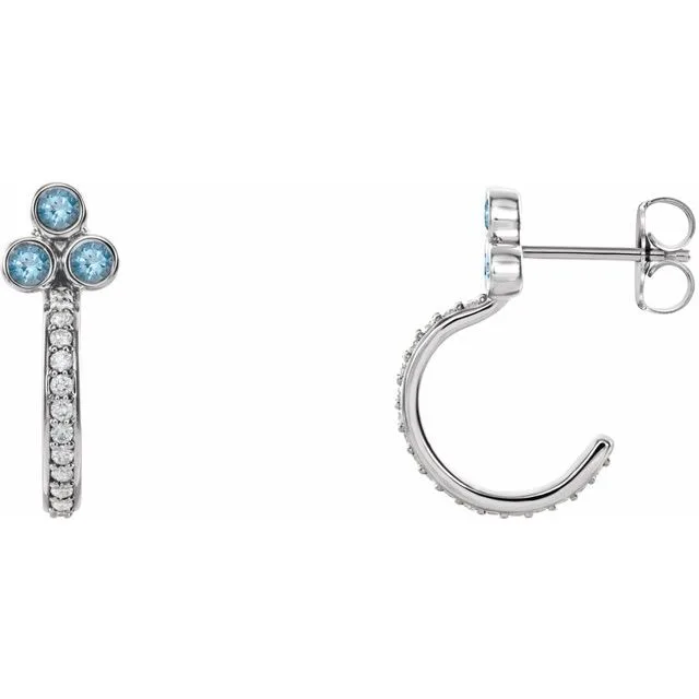 Aquamarine & Diamond Round Bezel-Set J-Hoop Earrings | 9K White Gold - 9k White Gold / 2.10 Carat / Lab-Grown-AAA: the shop's own photo