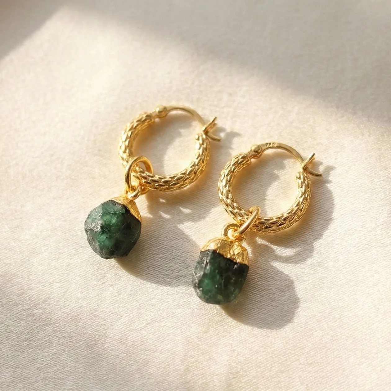 Raw Emerald May Birthstone Huggie Hoops Gold Plated Gemstone Earrings: the shop's own photo