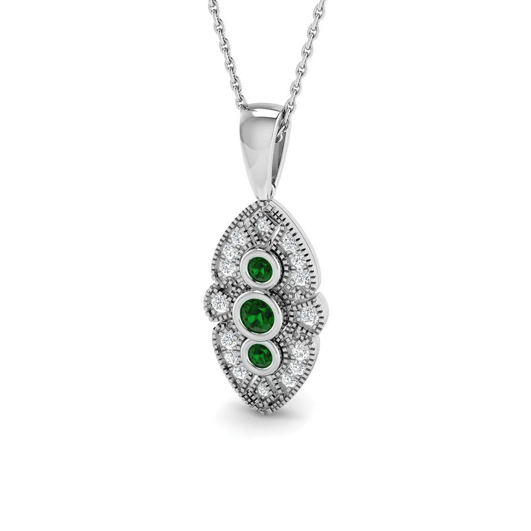 Vintage Emerald Pendant Necklace with Diamond Trilogy Design - UK Made - 9k White Gold / 0.5 0Carat / Natural Diamond(F/SI): the shop's own photo