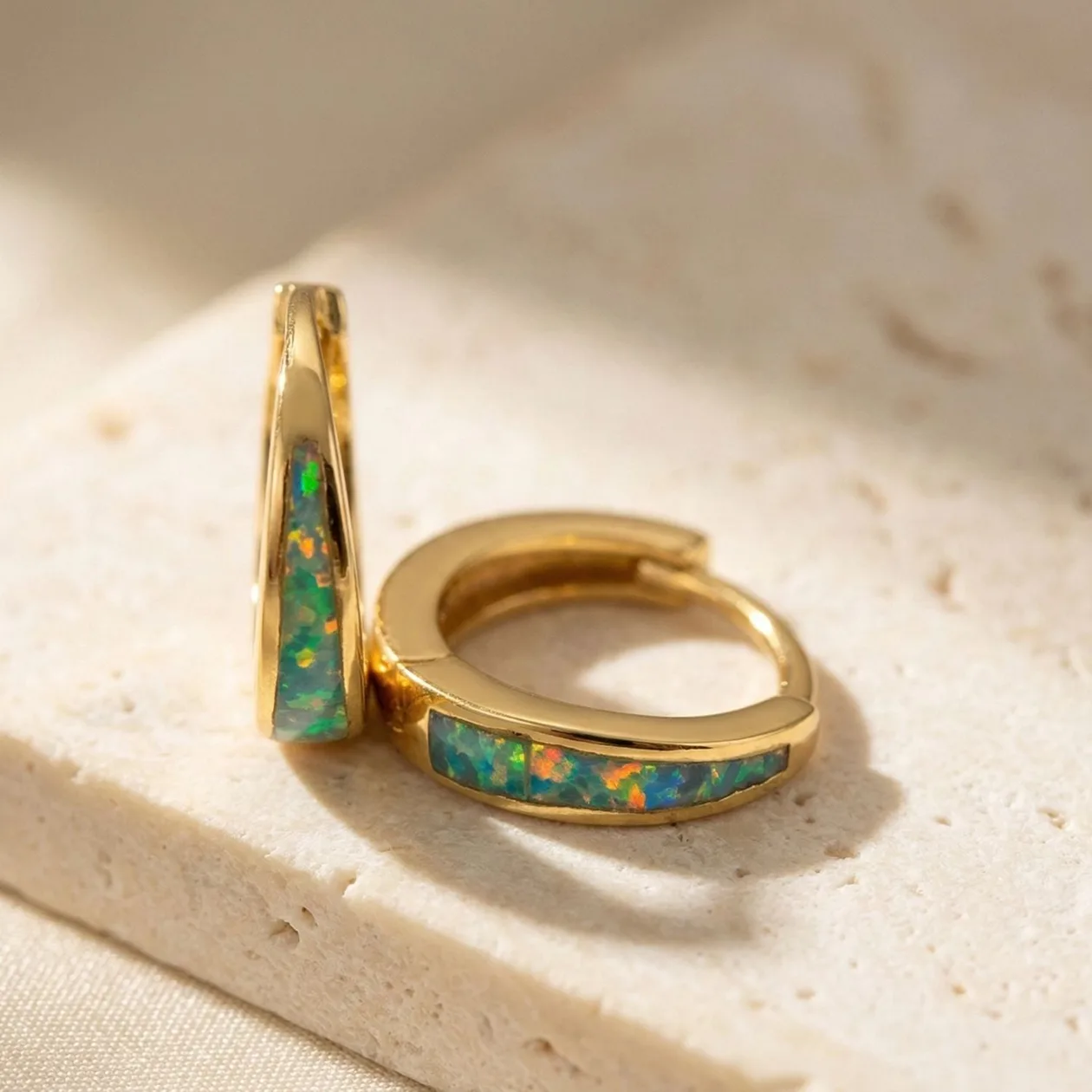 Minimalist Tapered Iridescent Opal Gold Plated Hoop Earrings: the shop's own photo