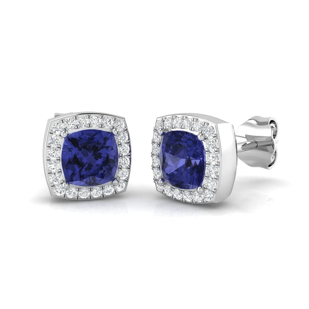 Tanzanite Halo Stud Earrings with Round Pavé Diamonds | UK Hallmarked | 9K White, Yellow & Rose - 9k White Gold / 1.50 Carat / Natural Diamond(F-VS): the shop's own photo