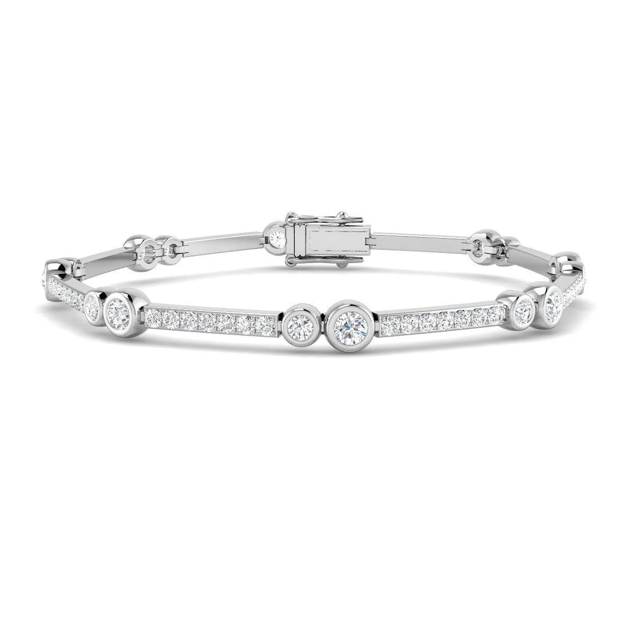 9K Yellow Gold Lab Grown Diamond Station Bracelet – Round Bezel & Pave Set Diamond Bar Bracelet with - 18k White Gold / 2.45 Carat / Natural Diamond: the shop's own photo