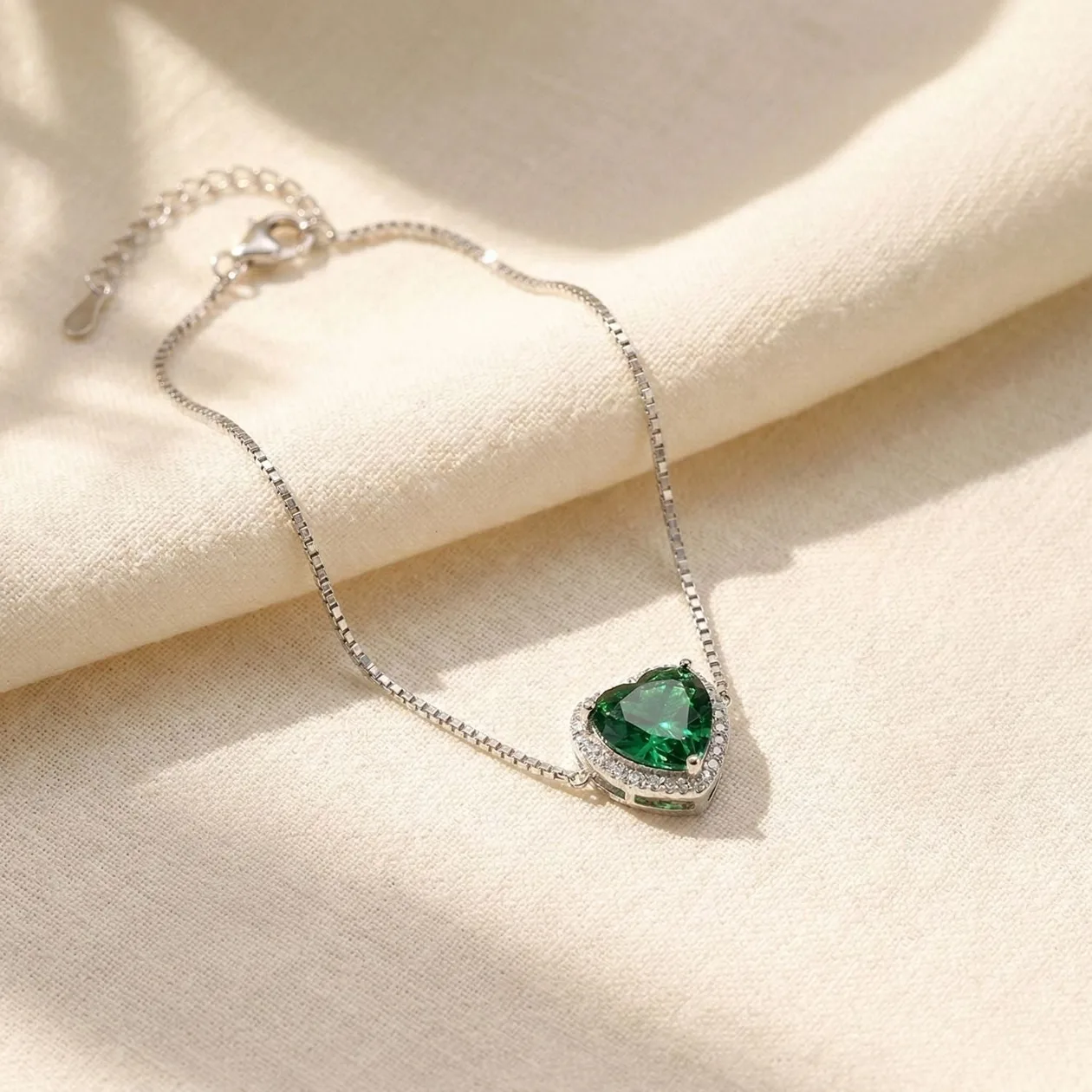 Emerald May Birthstone Love Heart Charm Sterling Silver Bracelet: the shop's own photo