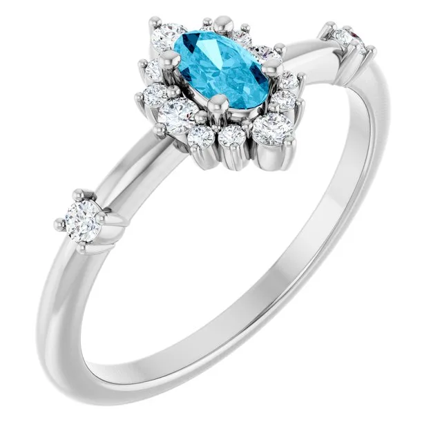 Oval Aquamarine Halo Ring with Diamond Accents in Platinum - 18k Yellow Gold / 2.70 Carat / Lab-Grown-AAA: the shop's own photo