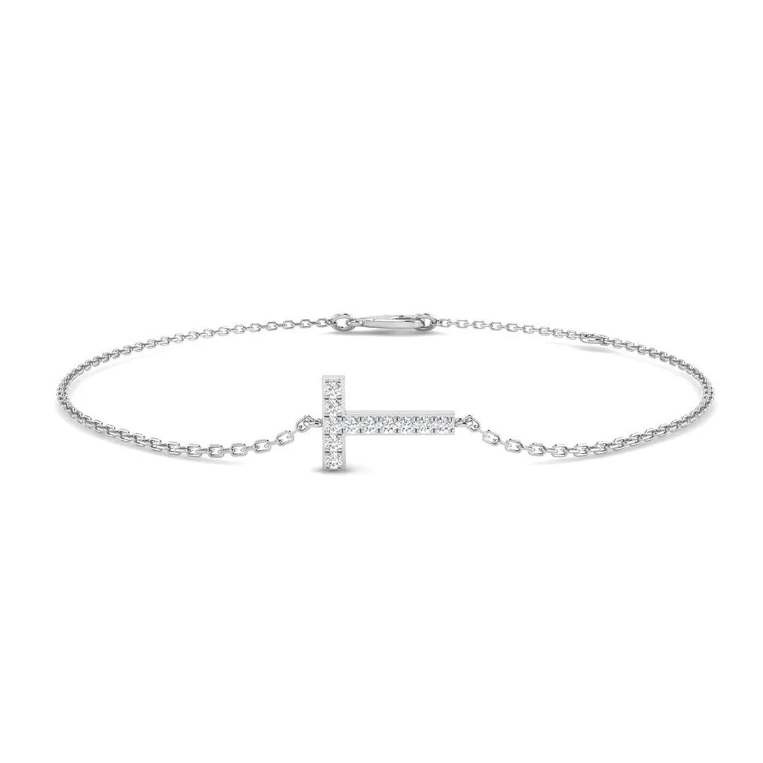 18K Yellow Gold Natural Diamond Pave Round Initial T Alphabet Bracelet with Chain - 9k White Gold / 0.10 Carat / Lab Grown Diamond: the shop's own photo