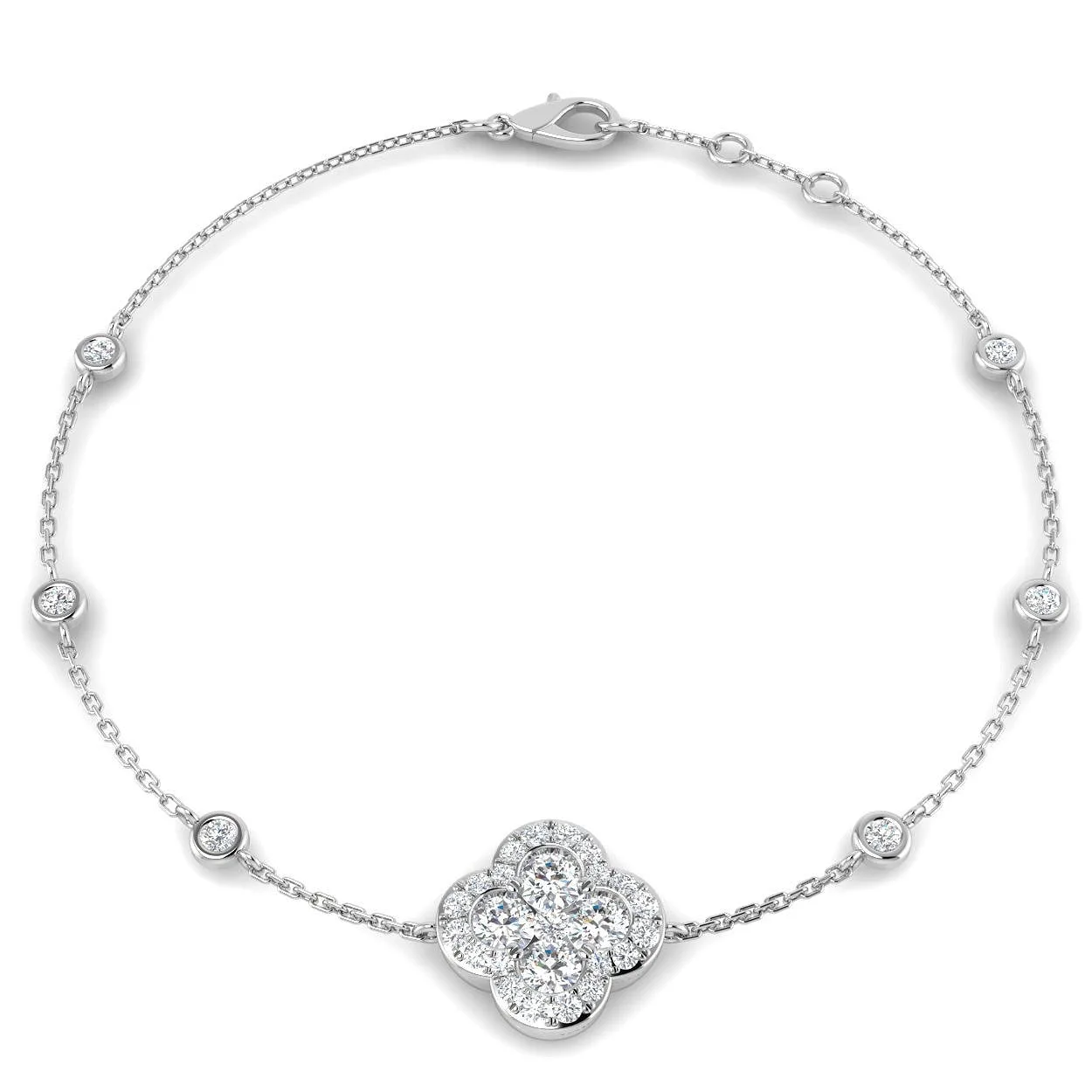 Clover Diamond Chain Bracelet with Bezel & Pave Set Natural Diamonds in Platinum - 18k Yellow Gold / 1.00 Carat / Lab Grown Diamond: the shop's own photo
