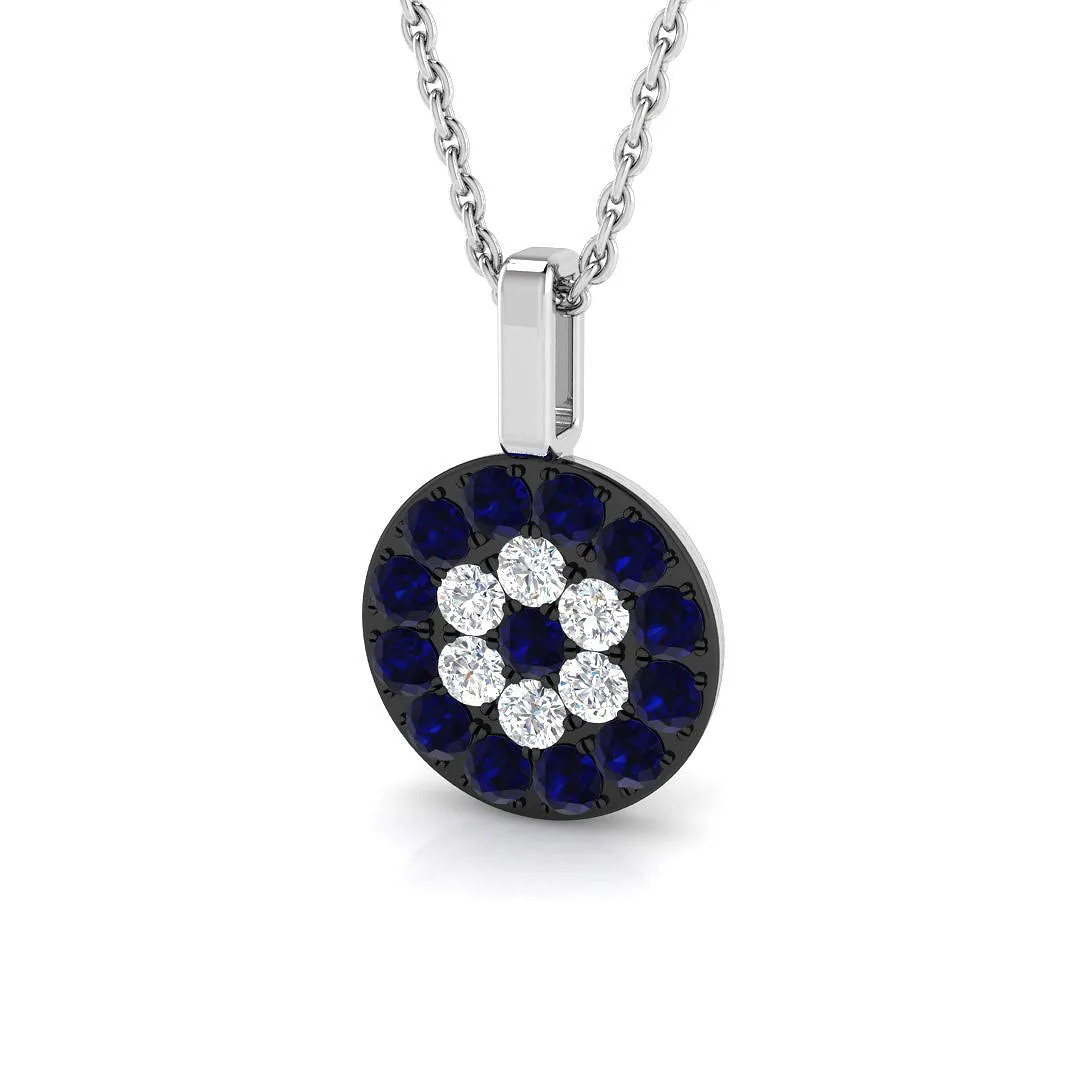 Blue Sapphire Pendant Necklace with Diamond Cluster Halo - UK Made - 9k White Gold / 0.50 Carat / Lab Grown Diamond (D/VVS): the shop's own photo