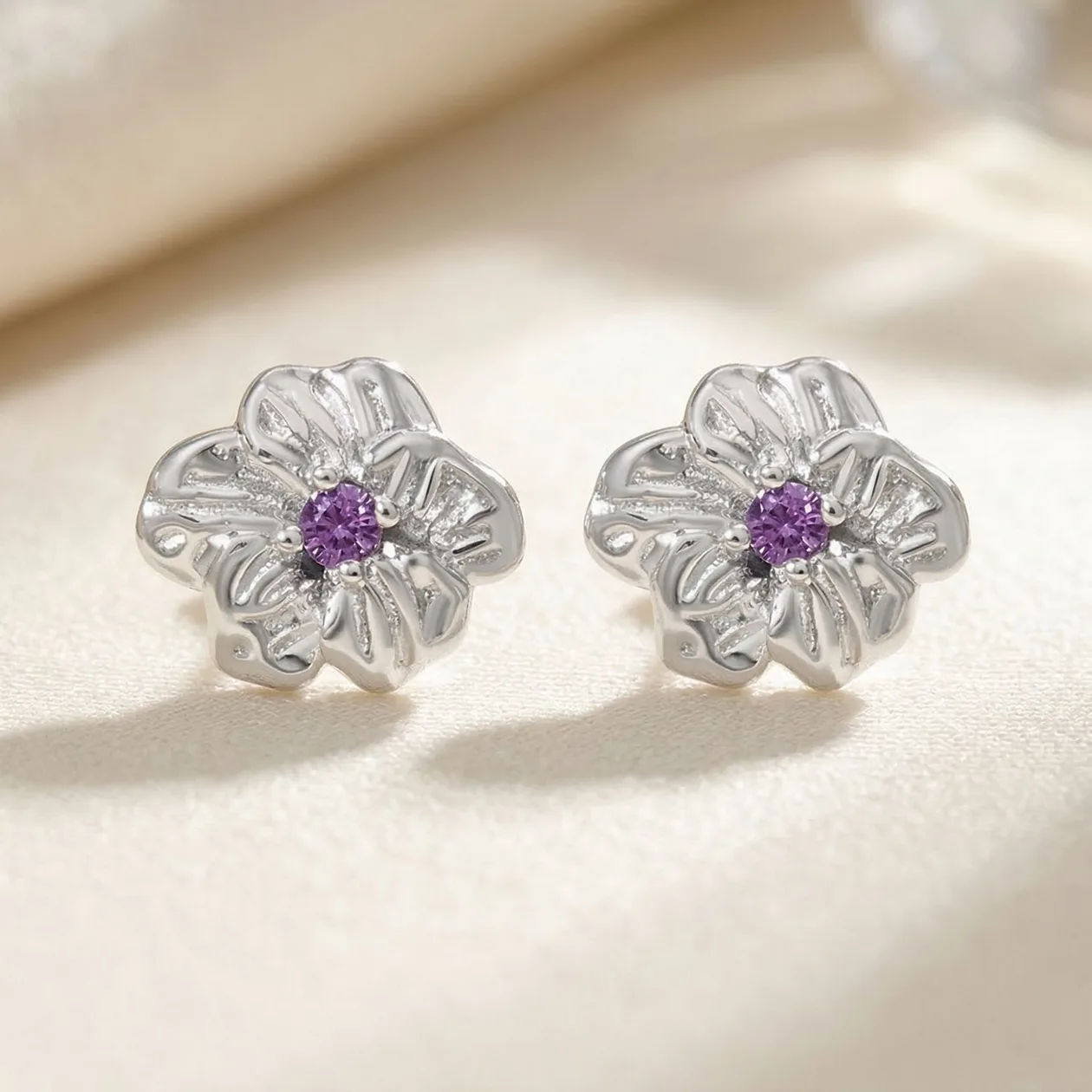 Sterling Silver Amethyst February Birthstone Violet Birthflower Stud Earrings: the shop's own photo