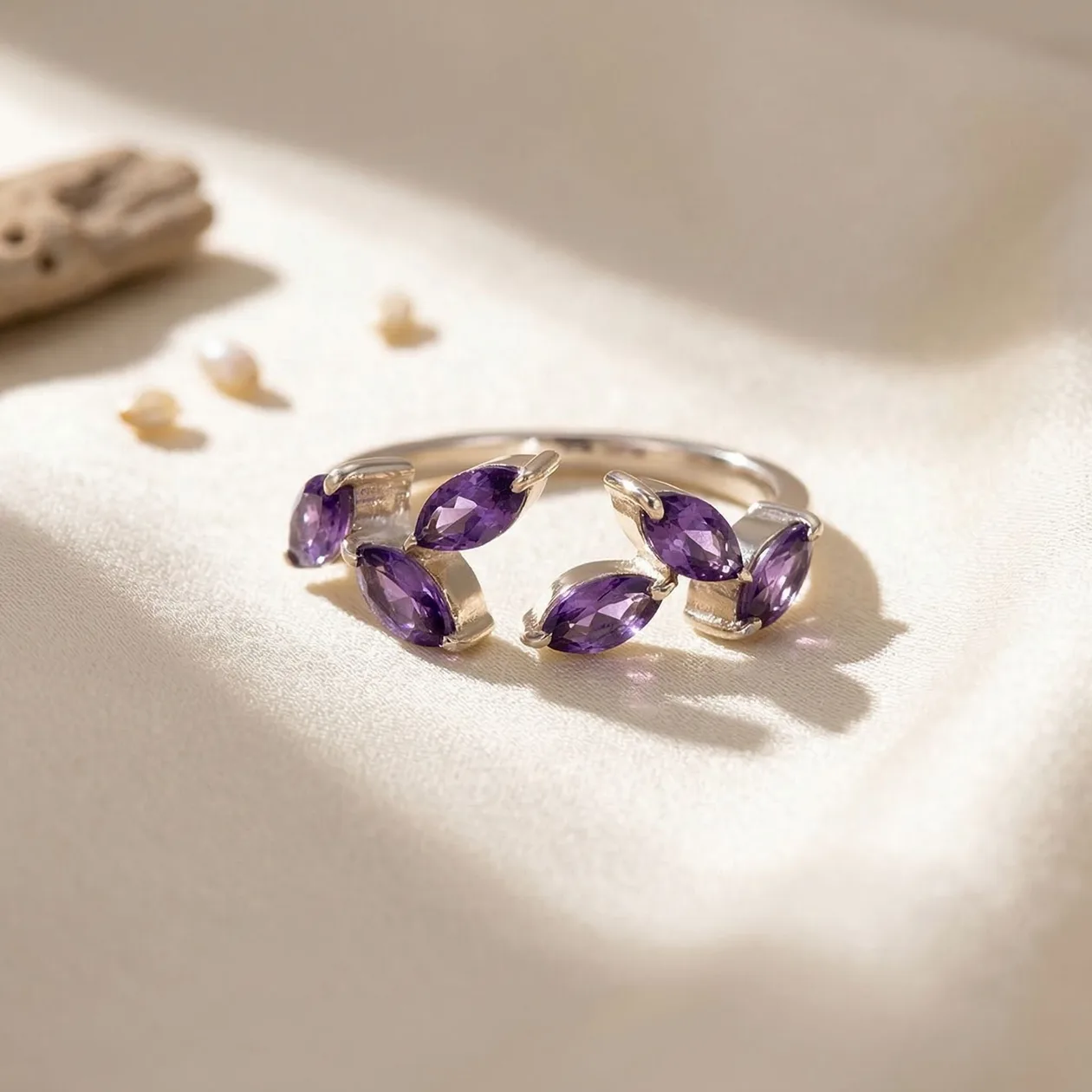 Sterling Silver Open Leaf Ring with Amethyst February Birthstones: the shop's own photo