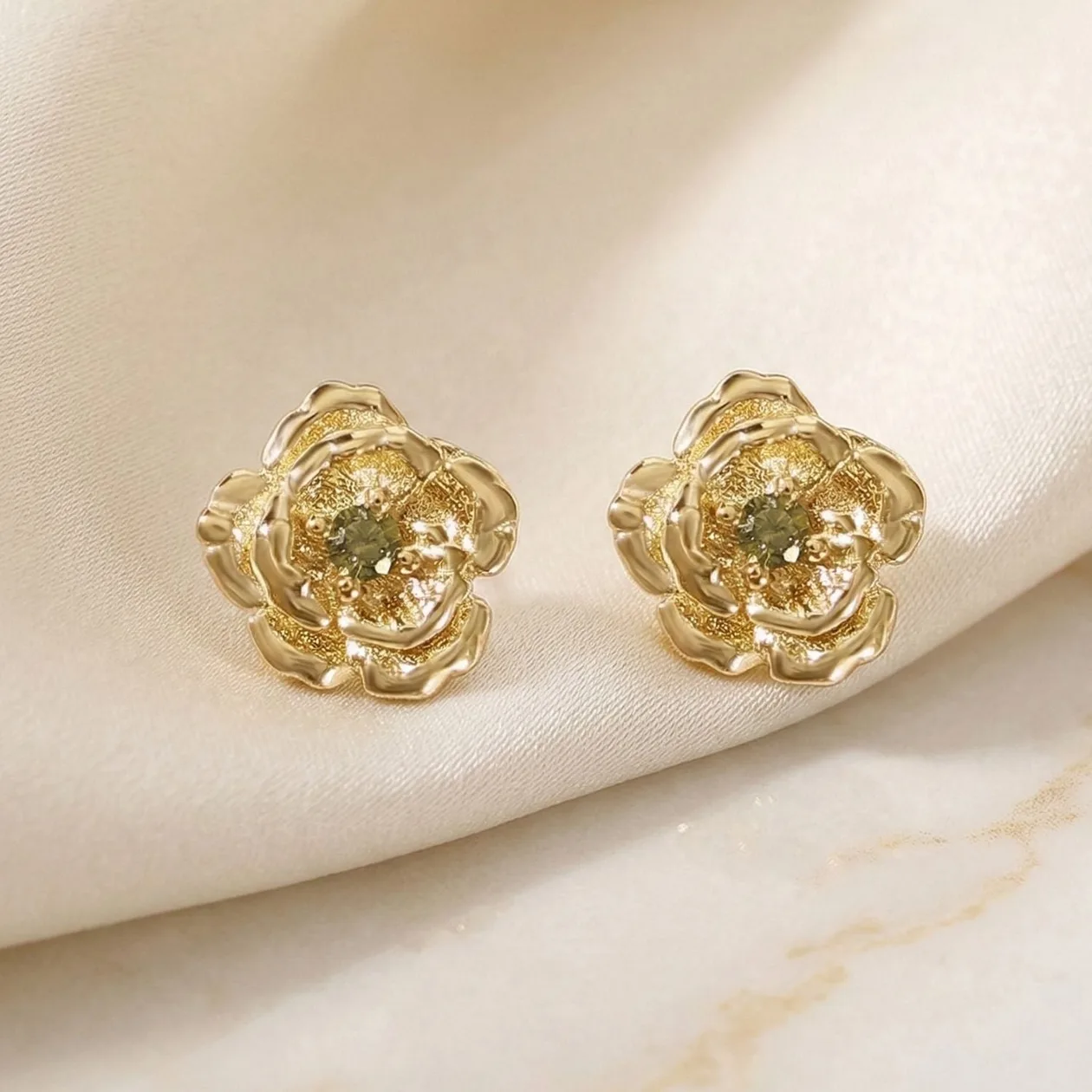 Peridot August Birthstone Poppy Birthflower Gold Plated Stud Earrings: the shop's own photo