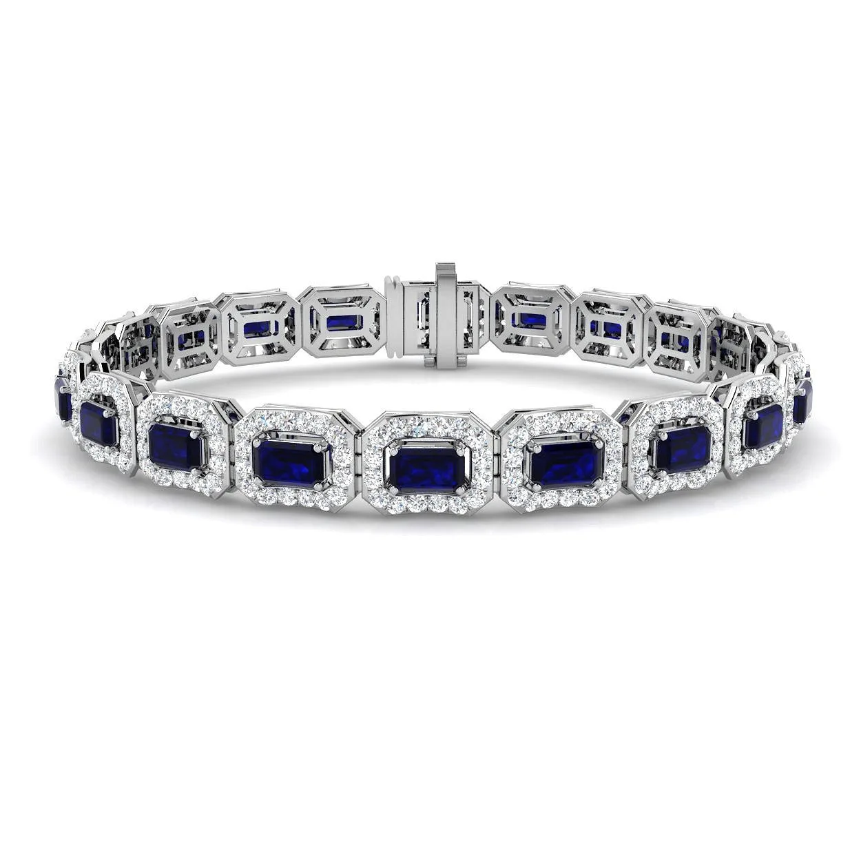 Sapphire Gemstone Halo Tennis Bracelet with Natural Diamonds in 9K & 18K Solid Gold - 18K White Gold: the shop's own photo