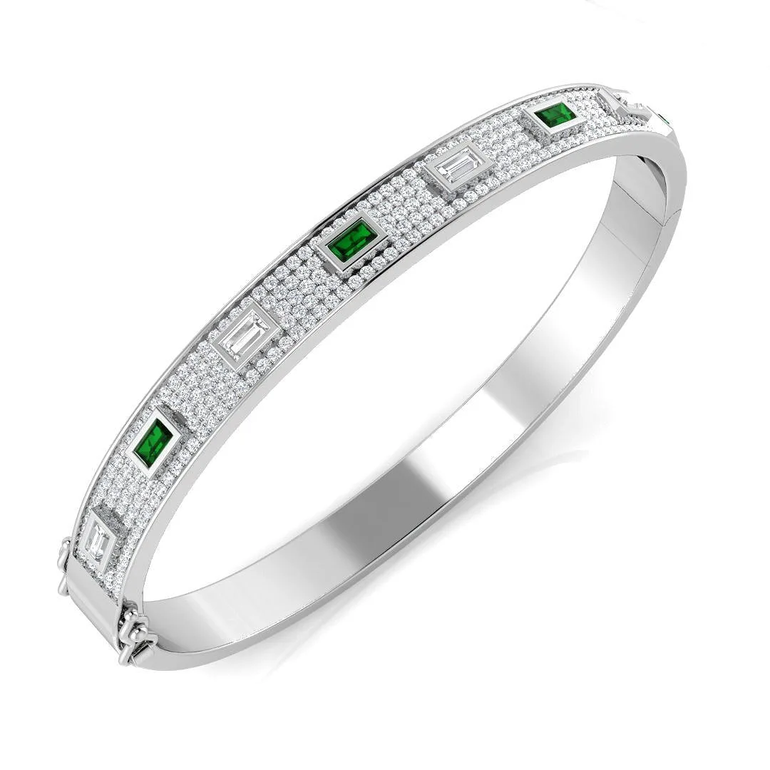 9K Yellow Gold Emerald Natural Round and Baguette Cut Diamond Pave Set Bangle - Hinged Box Clasp - 18k White Gold / 1.60 Carat / Natural Diamond: the shop's own photo
