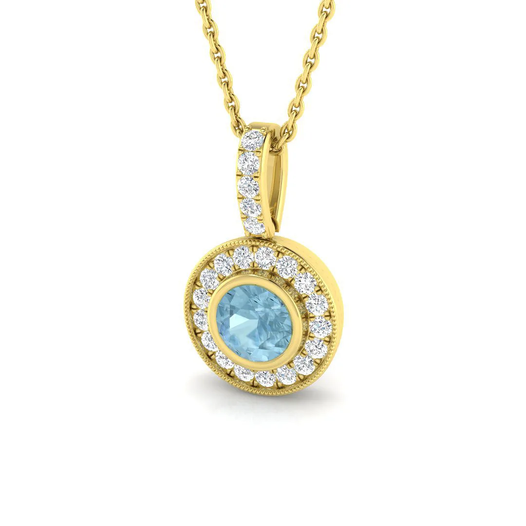 Aquamarine Milgrain Halo Pendant | Vintage Style Without Chain - 9k Yellow Gold / Natural Diamond(F/SI) / 0.75 Carat: the shop's own photo
