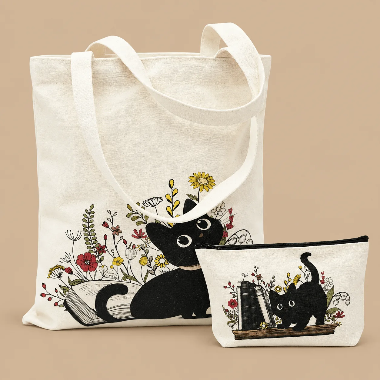 Black Cat Canvas Tote Bag with Makeup Bag: the shop's own photo