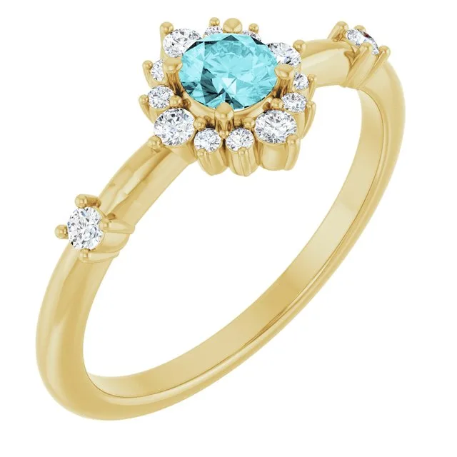 Round Blue Zircon Halo Ring with Diamond Accents in Yellow Gold - 18k White Gold / 1.70 Carat / Lab-Grown-AAA: the shop's own photo