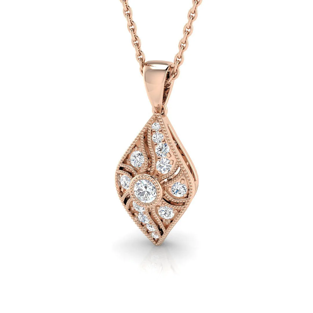 Vintage Diamond Drop Pendant with Diamond Accents - Luxury Design - 9k Rose Gold / 0.20 Carat / Natural Diamond(F/SI): the shop's own photo