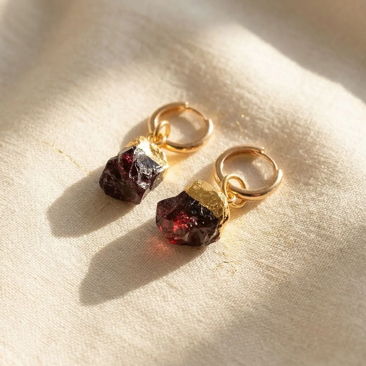 Raw Garnet January Birthstone Gold Plated Huggies: the shop's own photo