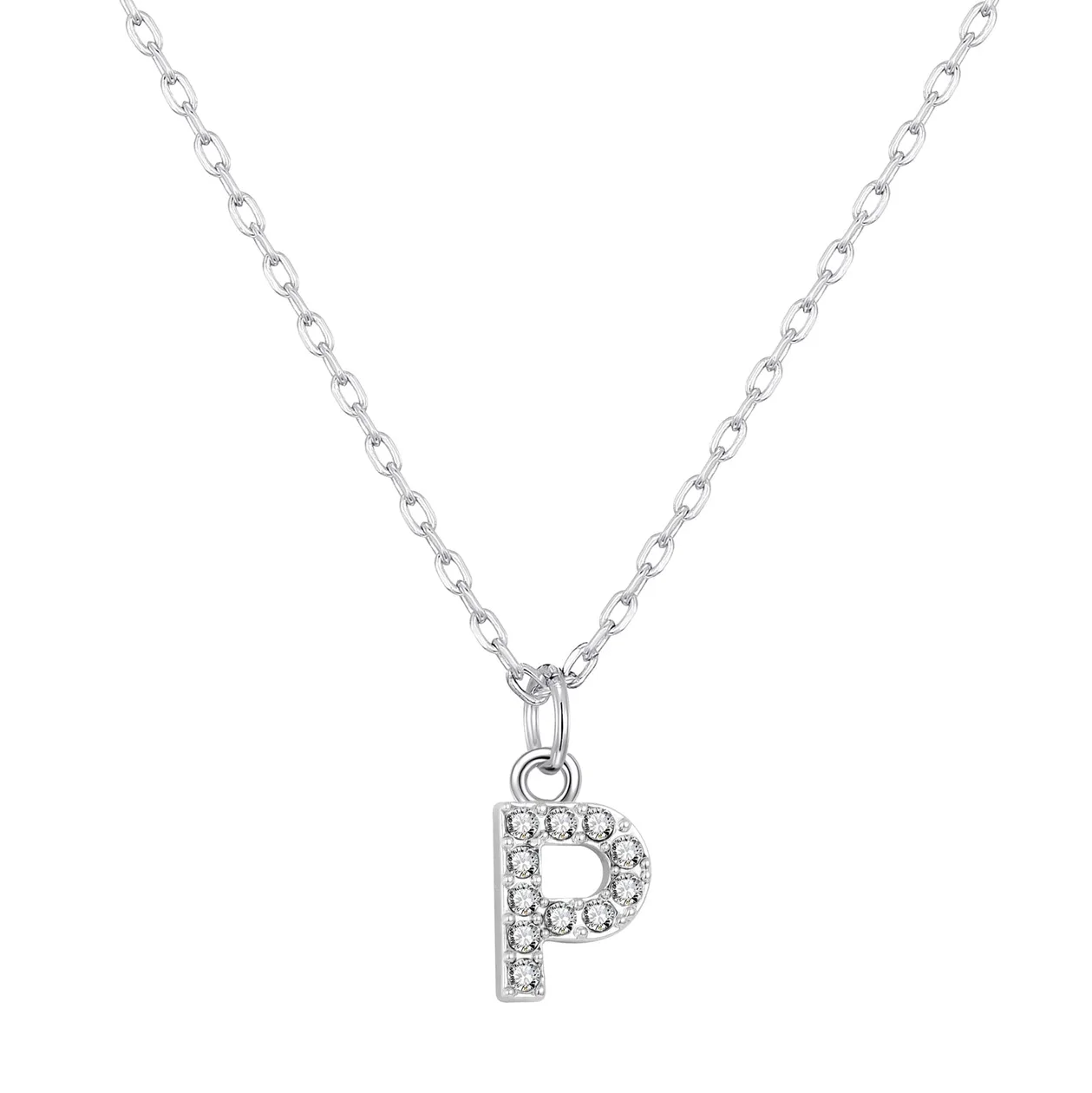 Customisable Silver Plated Pave Initial Necklace (A-Z) with Option of Birthstone Charm - P: the shop's own photo