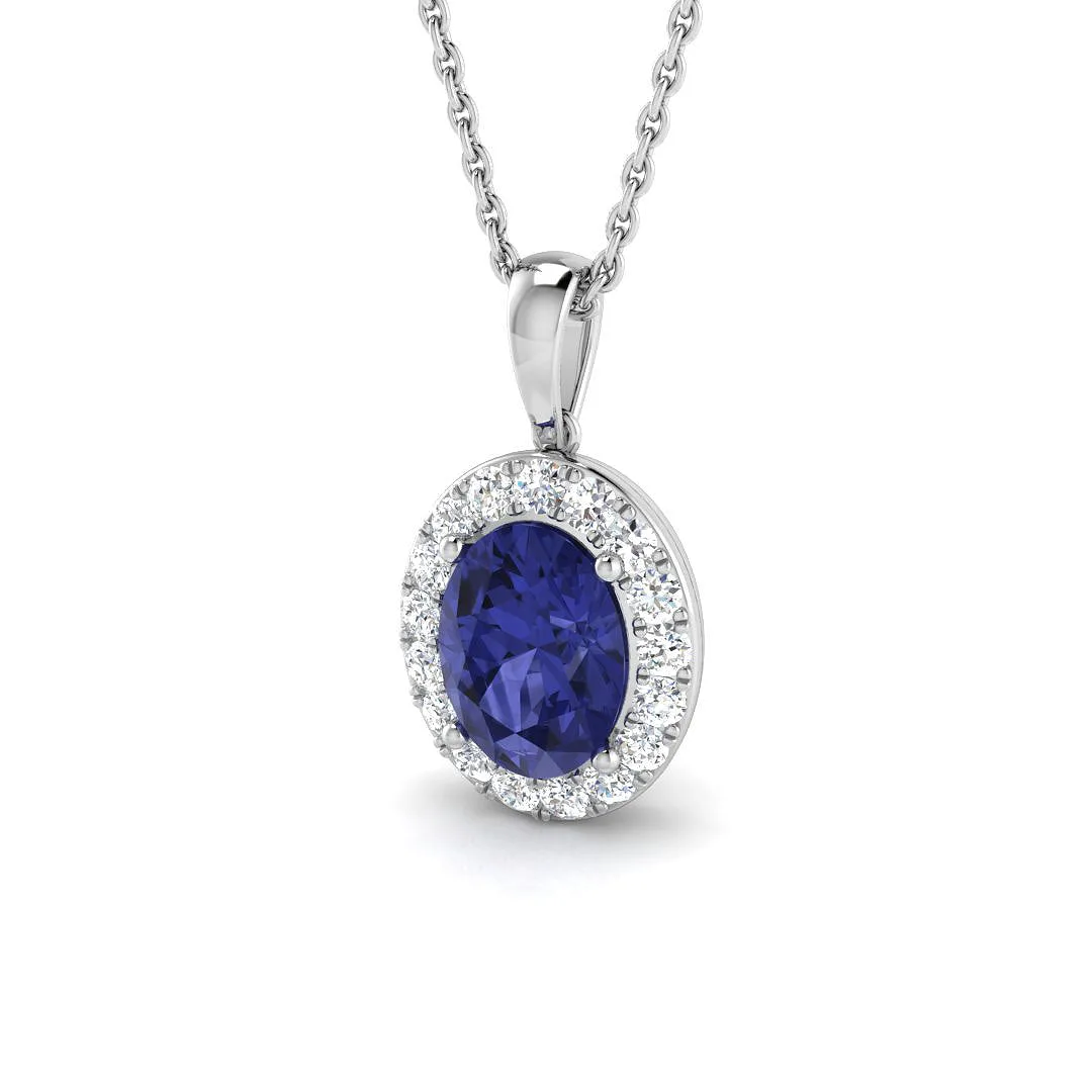 Luxury Blue Sapphire Diamond Pendant | Oval Halo Necklace - 9k White Gold / Natural Diamond(F/SI) / 1.75 Carat: the shop's own photo