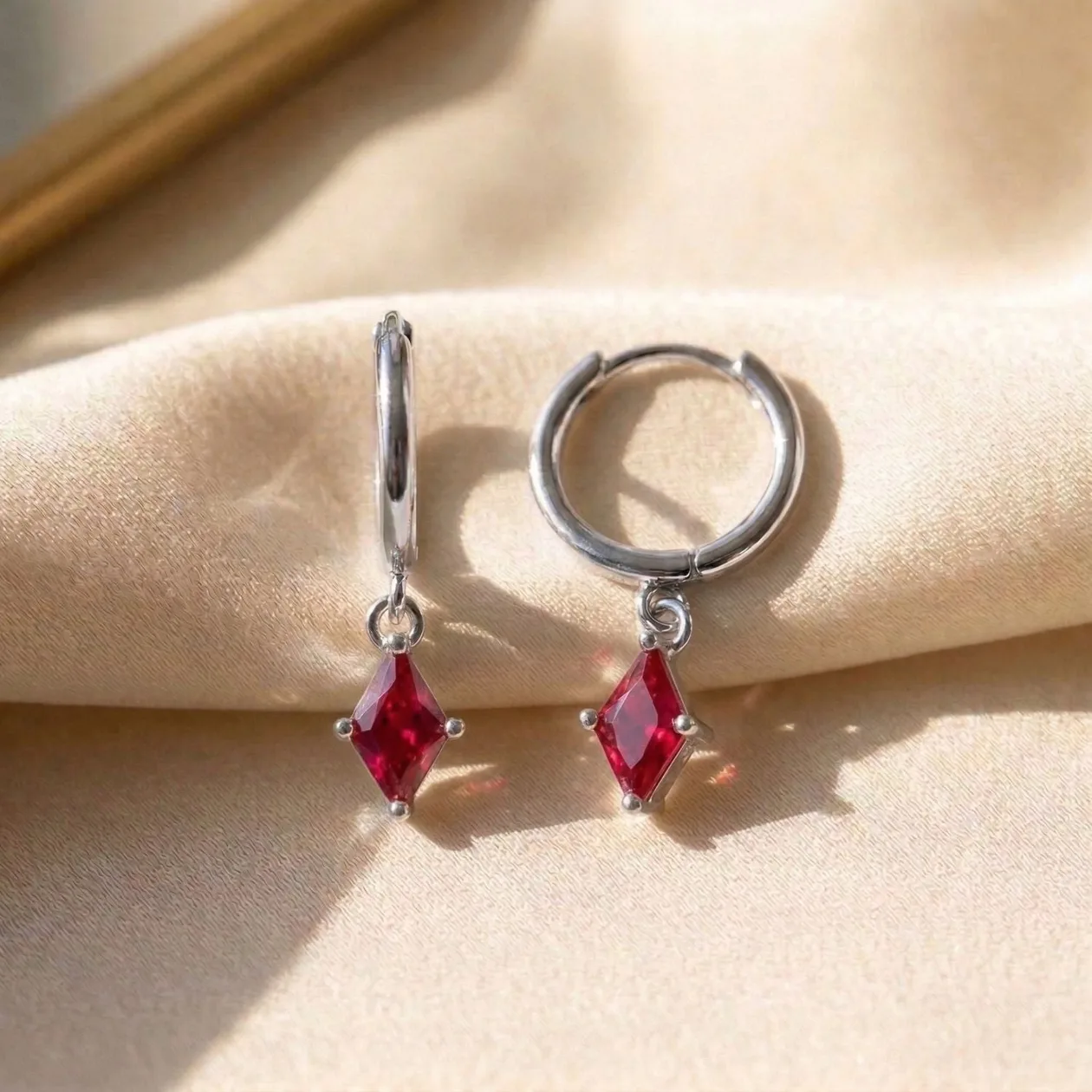 Ruby July Birthstone Silver Delicate Dangle Hoops: the shop's own photo