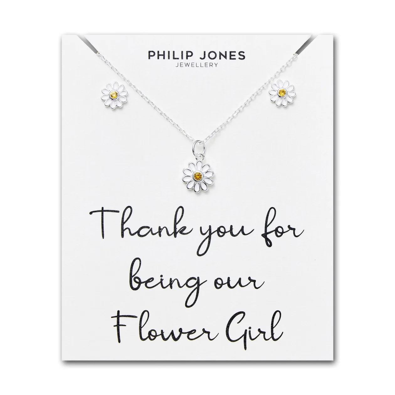 Kid's Sterling Silver Thank you for being our Flower Girl Daisy Set Created with Zircondia® Crystals: the shop's own photo