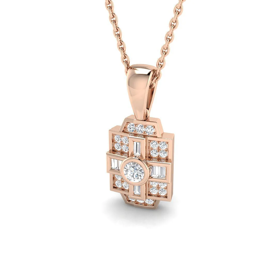 Art Deco Diamond Cluster Pendant Necklace with Round & Baguette Diamonds - 9k Rose Gold / Natural Diamond(F/SI) / 0.20 Carat: the shop's own photo