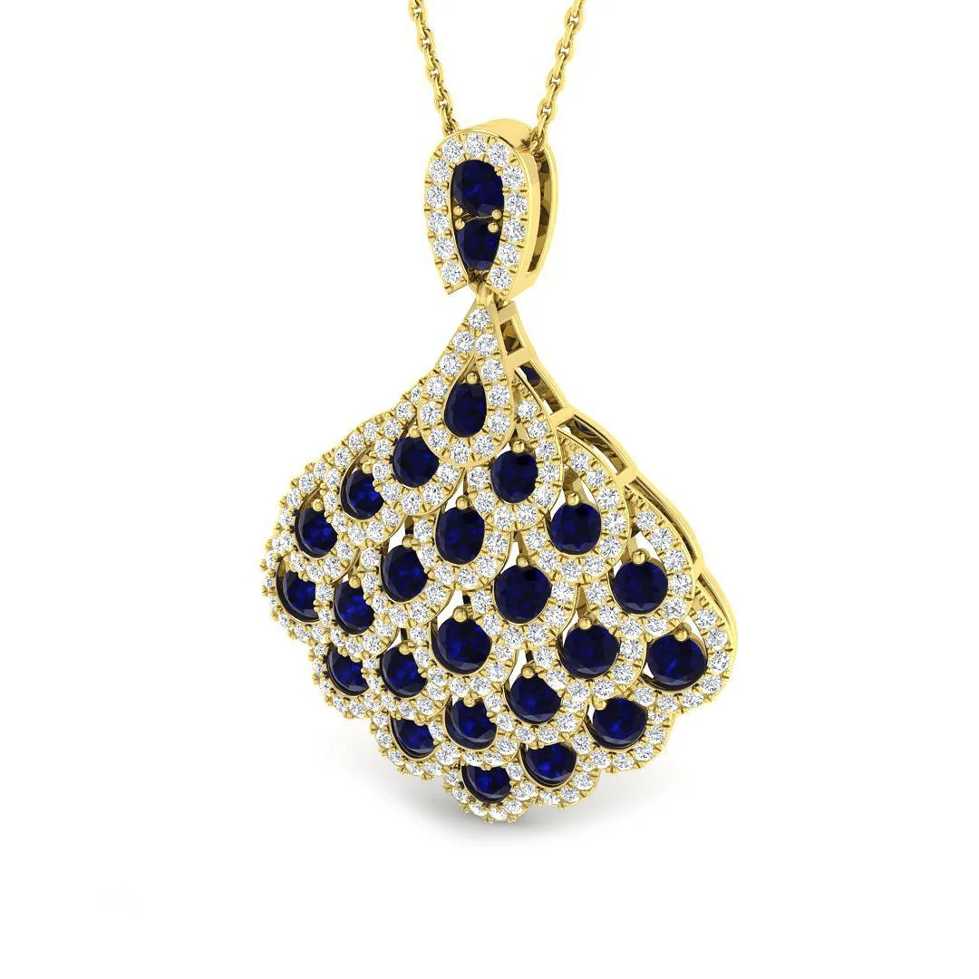 Blue Sapphire Pendant Necklace with Diamond Peacock Design - 9k Yellow Gold / 3.50 Carat / Natural Diamond(F/SI): the shop's own photo